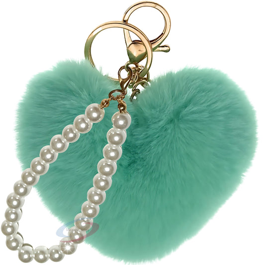 iAccessories Fluffy Faux Fur Soft Pompom Heart Keychain Charm with Pearls - Mint Green - iAccessories