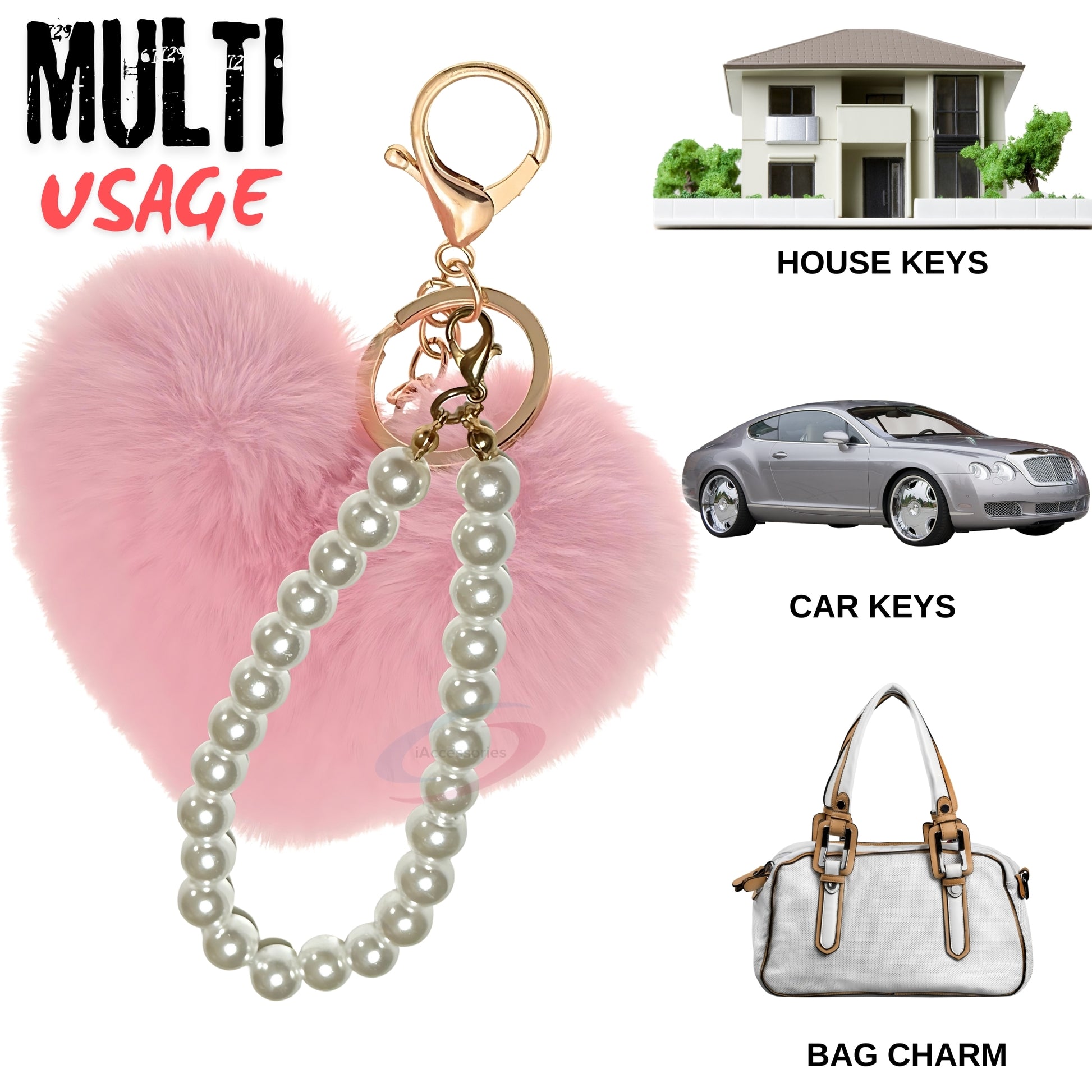 iAccessories Fluffy Faux Fur Soft Pompom Heart Keychain Charm with Pearls - Pink - iAccessories