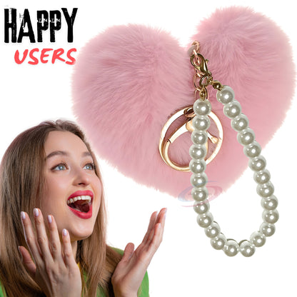 iAccessories Fluffy Faux Fur Soft Pompom Heart Keychain Charm with Pearls - Pink - iAccessories