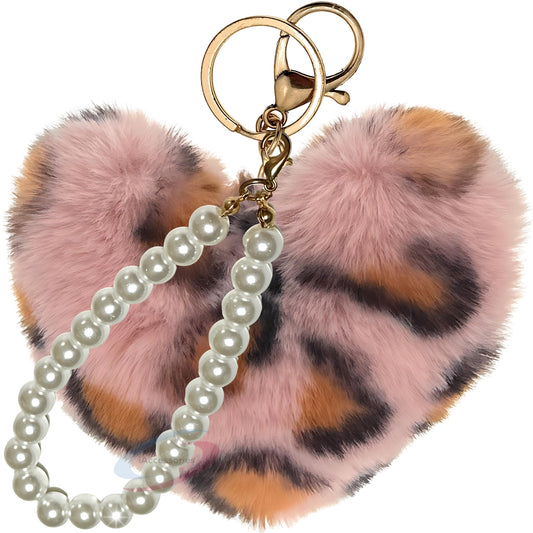 iAccessories Fluffy Faux Fur Soft Pompom Heart Keychain Charm with Pearls - Pink Lepo - iAccessories