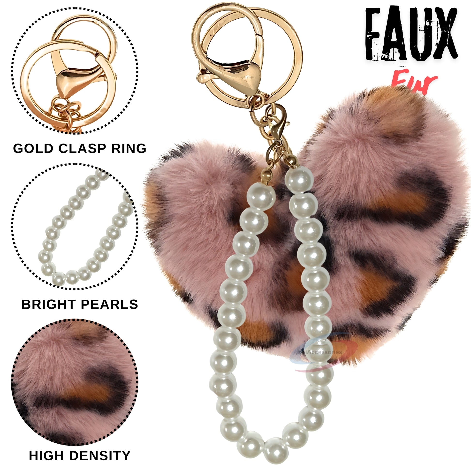 iAccessories Fluffy Faux Fur Soft Pompom Heart Keychain Charm with Pearls - Pink Lepo - iAccessories