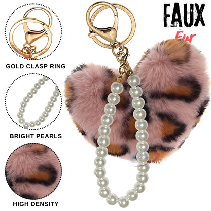 iAccessories Fluffy Faux Fur Soft Pompom Heart Keychain Charm with Pearls - Pink Lepo - iAccessories