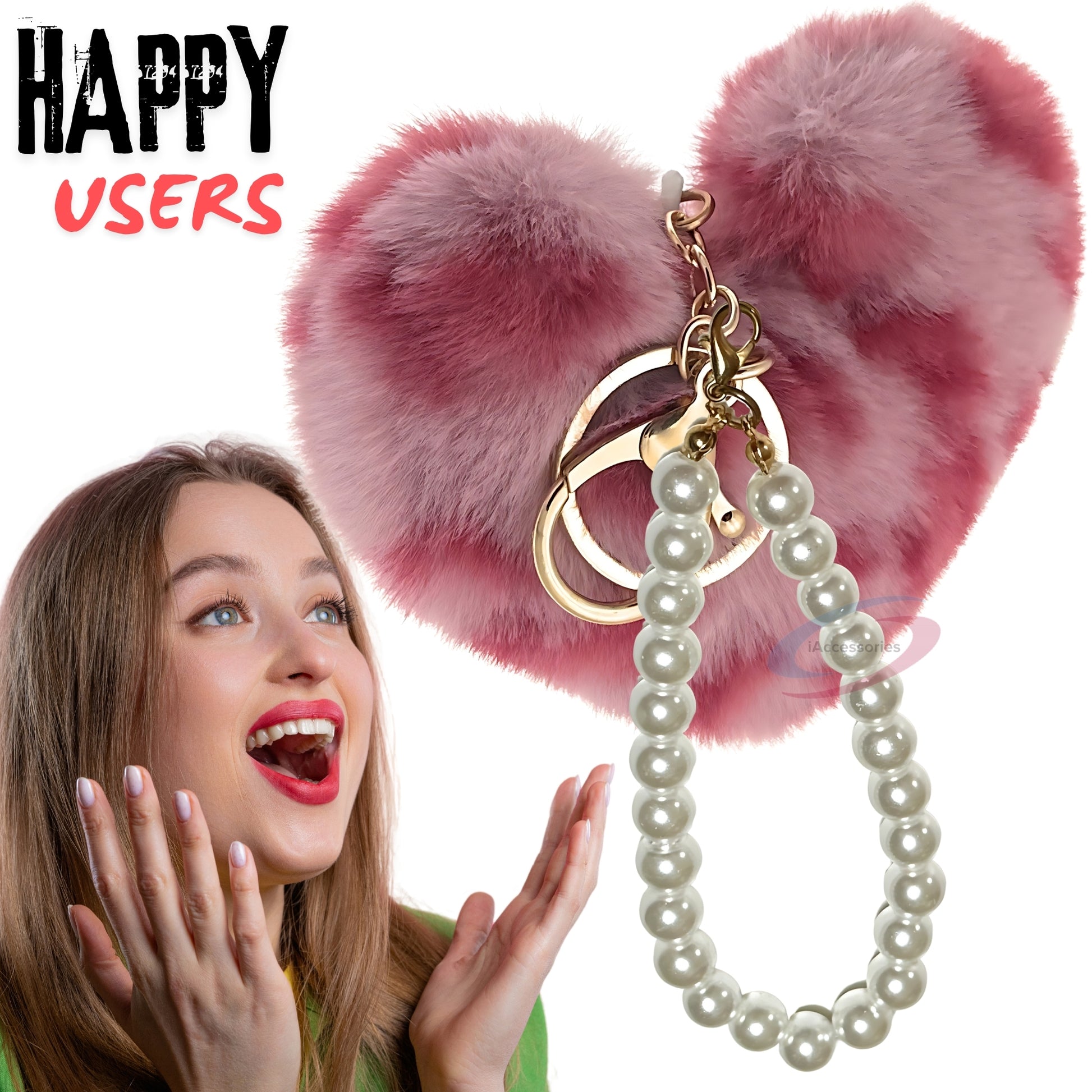 iAccessories Fluffy Faux Fur Soft Pompom Heart Keychain Charm with Pearls - Rose Pink Lepo - iAccessories