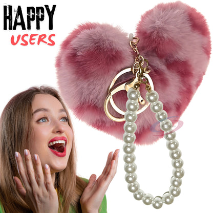 iAccessories Fluffy Faux Fur Soft Pompom Heart Keychain Charm with Pearls - Rose Pink Lepo - iAccessories