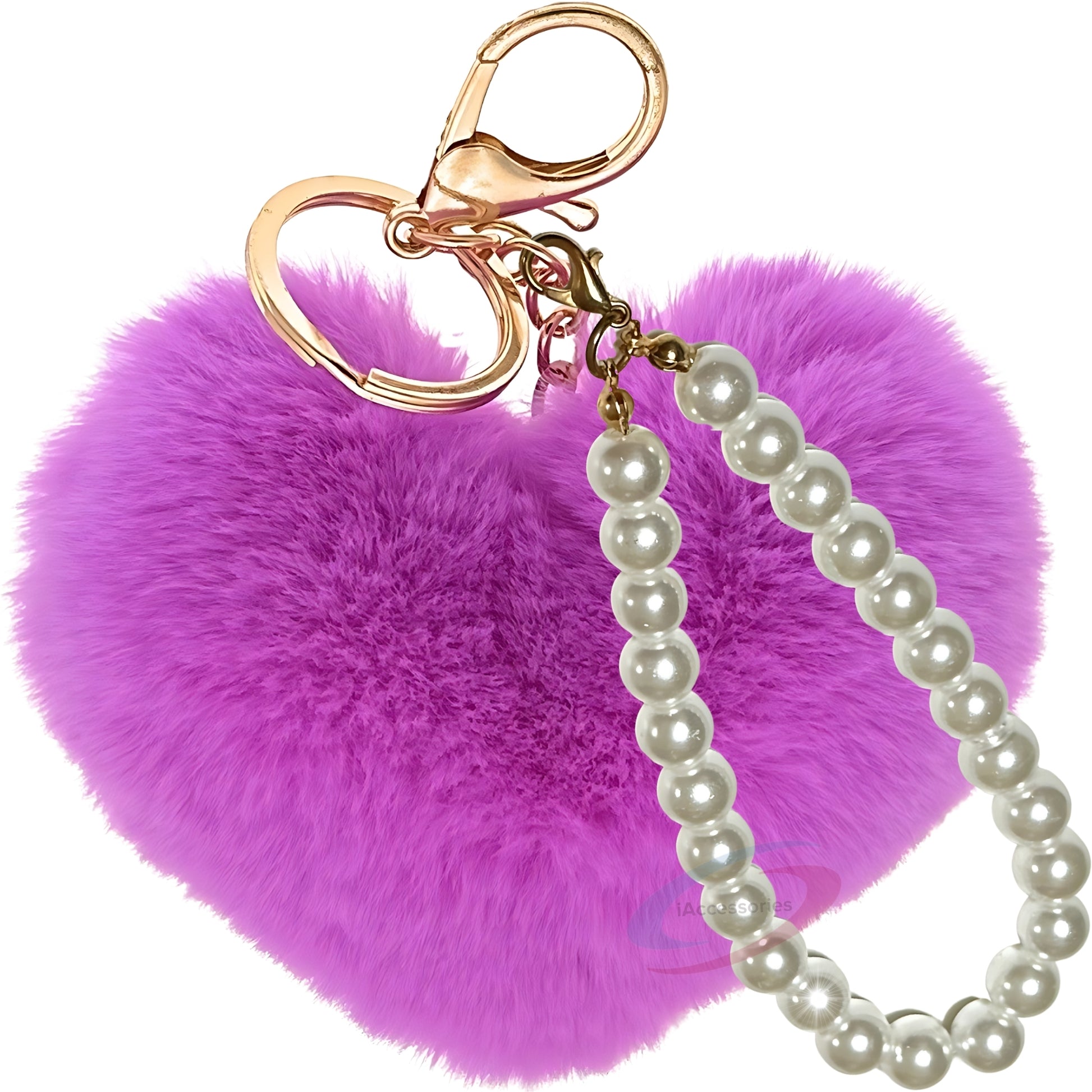 iAccessories Fluffy Faux Fur Soft Pompom Heart Keychain Charm with Pearls - Violet - iAccessories