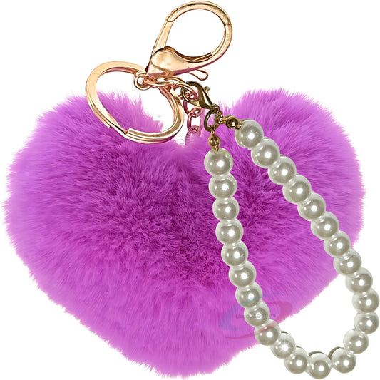 iAccessories Fluffy Faux Fur Soft Pompom Heart Keychain Charm with Pearls - Violet - iAccessories