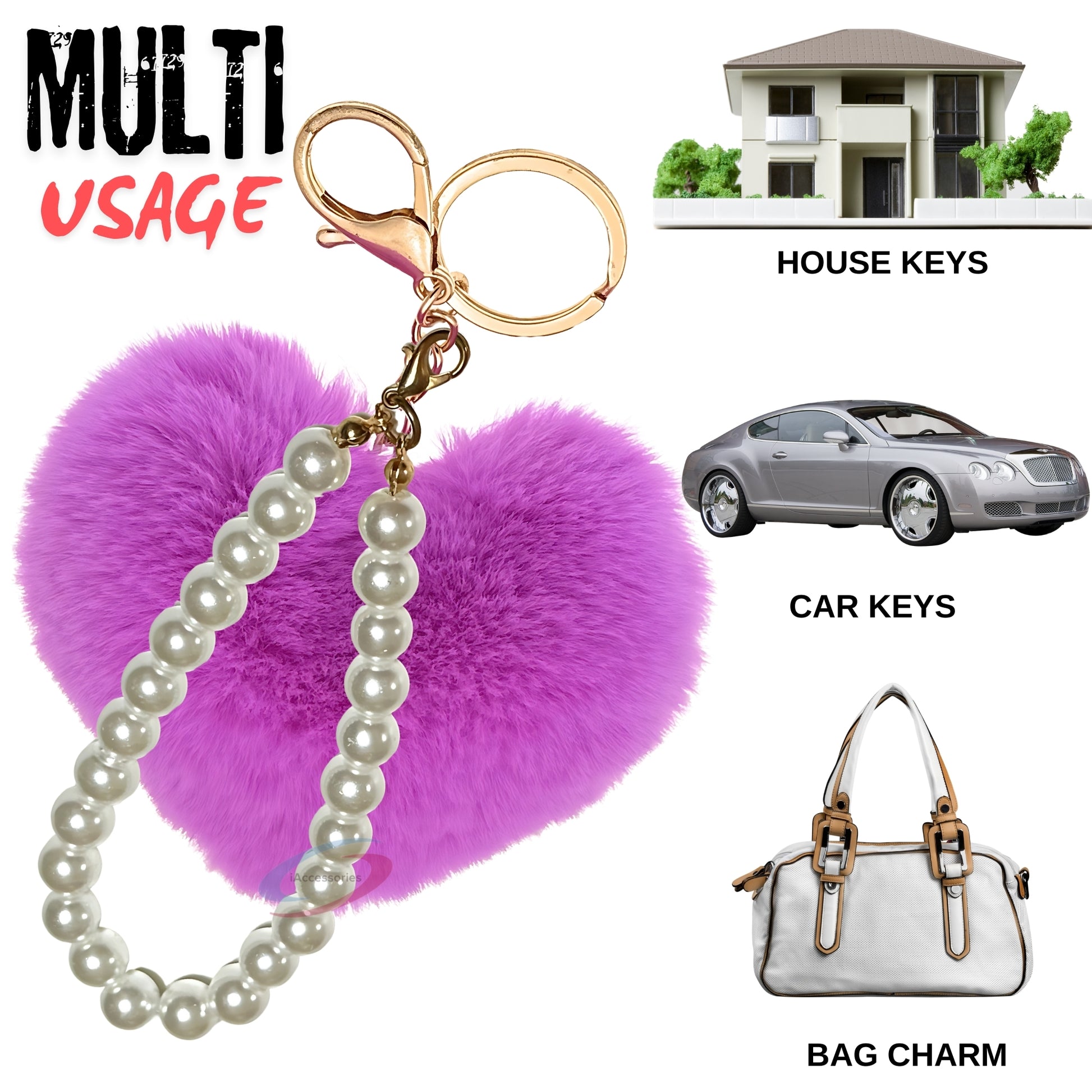 iAccessories Fluffy Faux Fur Soft Pompom Heart Keychain Charm with Pearls - Violet - iAccessories