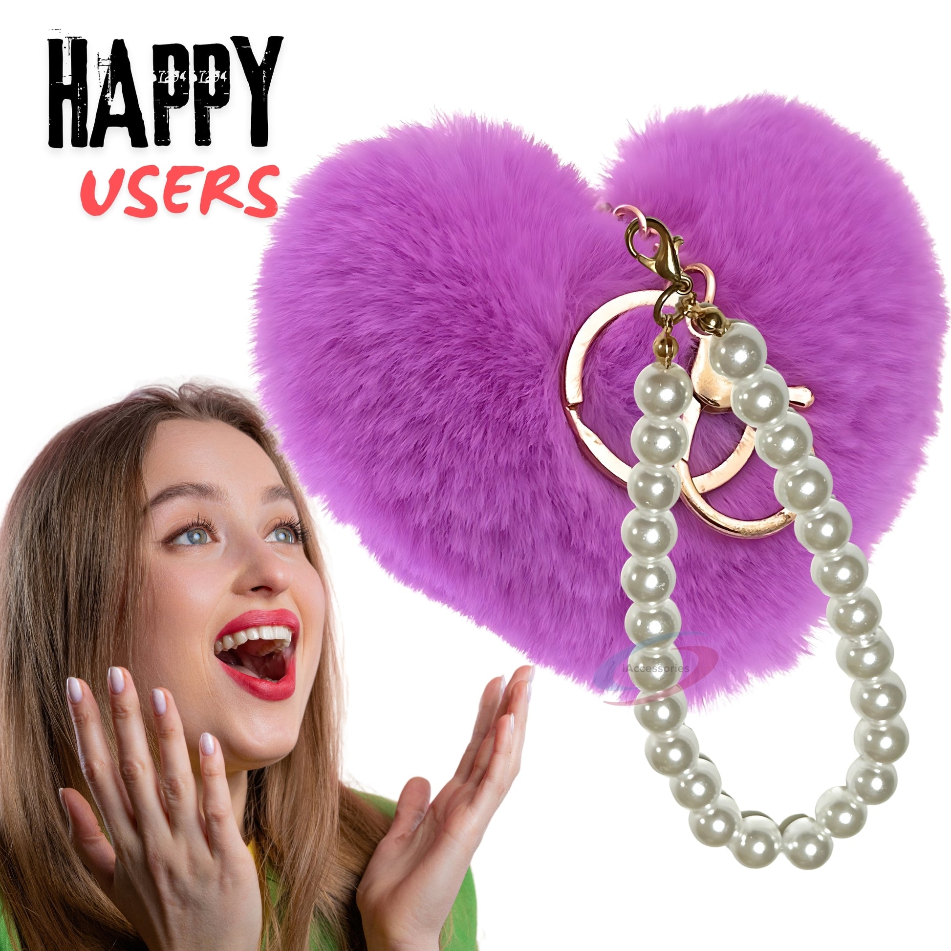 iAccessories Fluffy Faux Fur Soft Pompom Heart Keychain Charm with Pearls - Violet - iAccessories