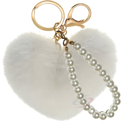 iAccessories Fluffy Faux Fur Soft Pompom Heart Keychain Charm with Pearls - White - iAccessories