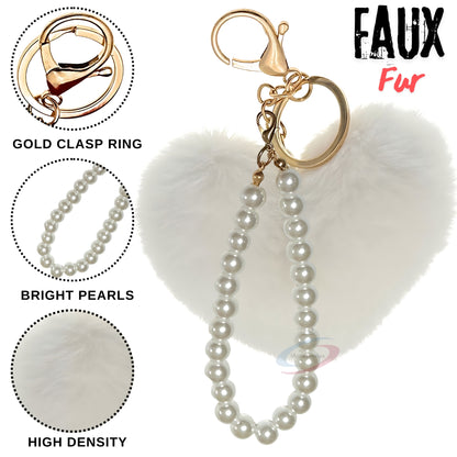 iAccessories Fluffy Faux Fur Soft Pompom Heart Keychain Charm with Pearls - White - iAccessories