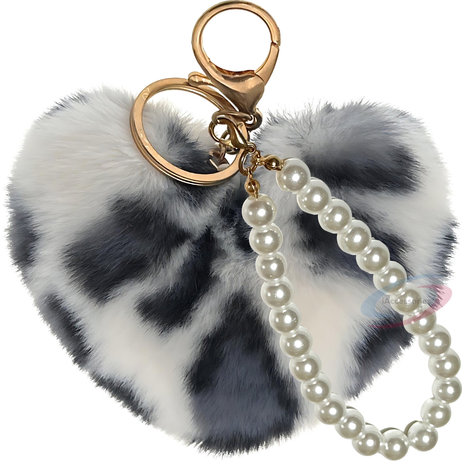 iAccessories Fluffy Faux Fur Soft Pompom Heart Keychain Charm with Pearls - White Black Lepo - iAccessories