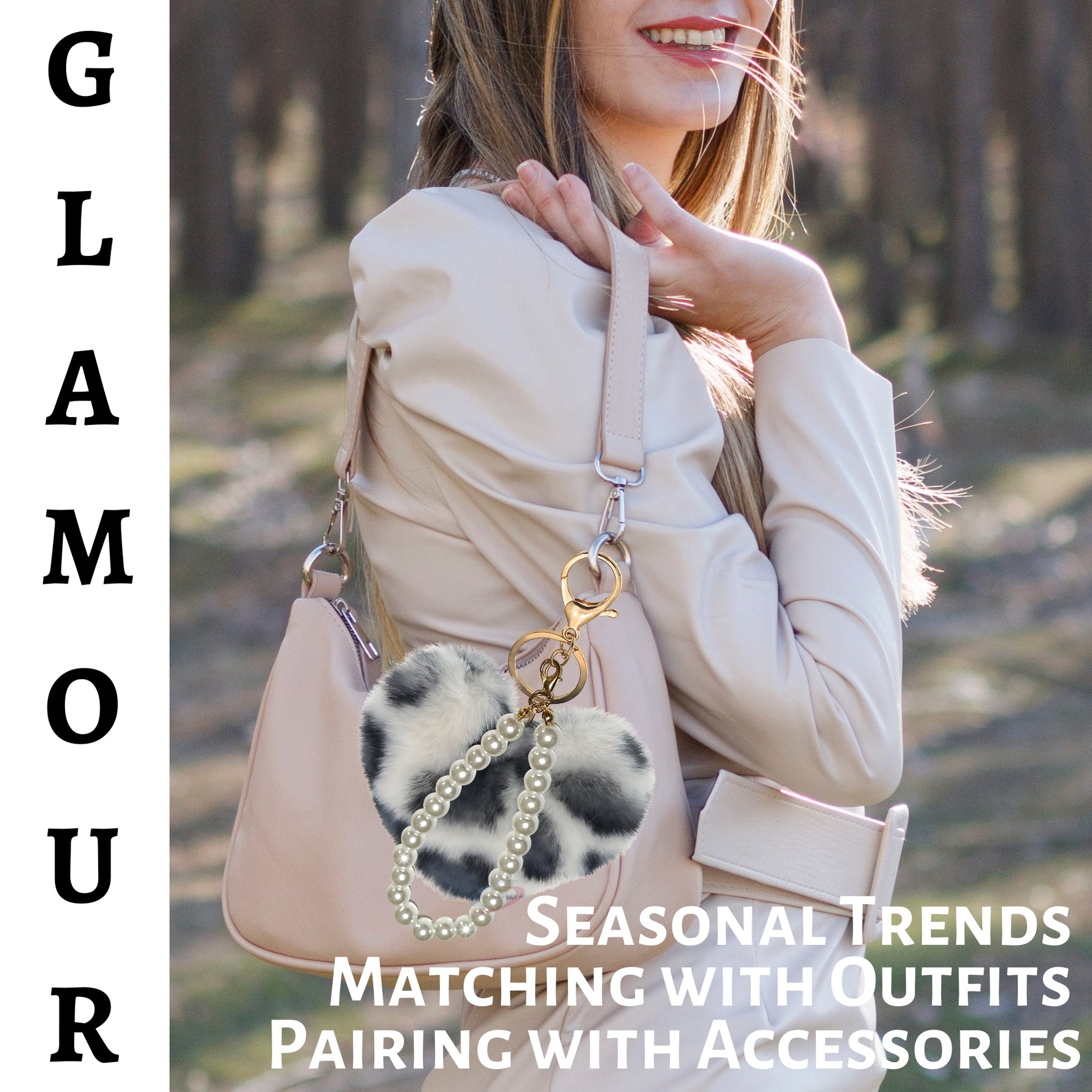 iAccessories Fluffy Faux Fur Soft Pompom Heart Keychain Charm with Pearls - White Black Lepo - iAccessories