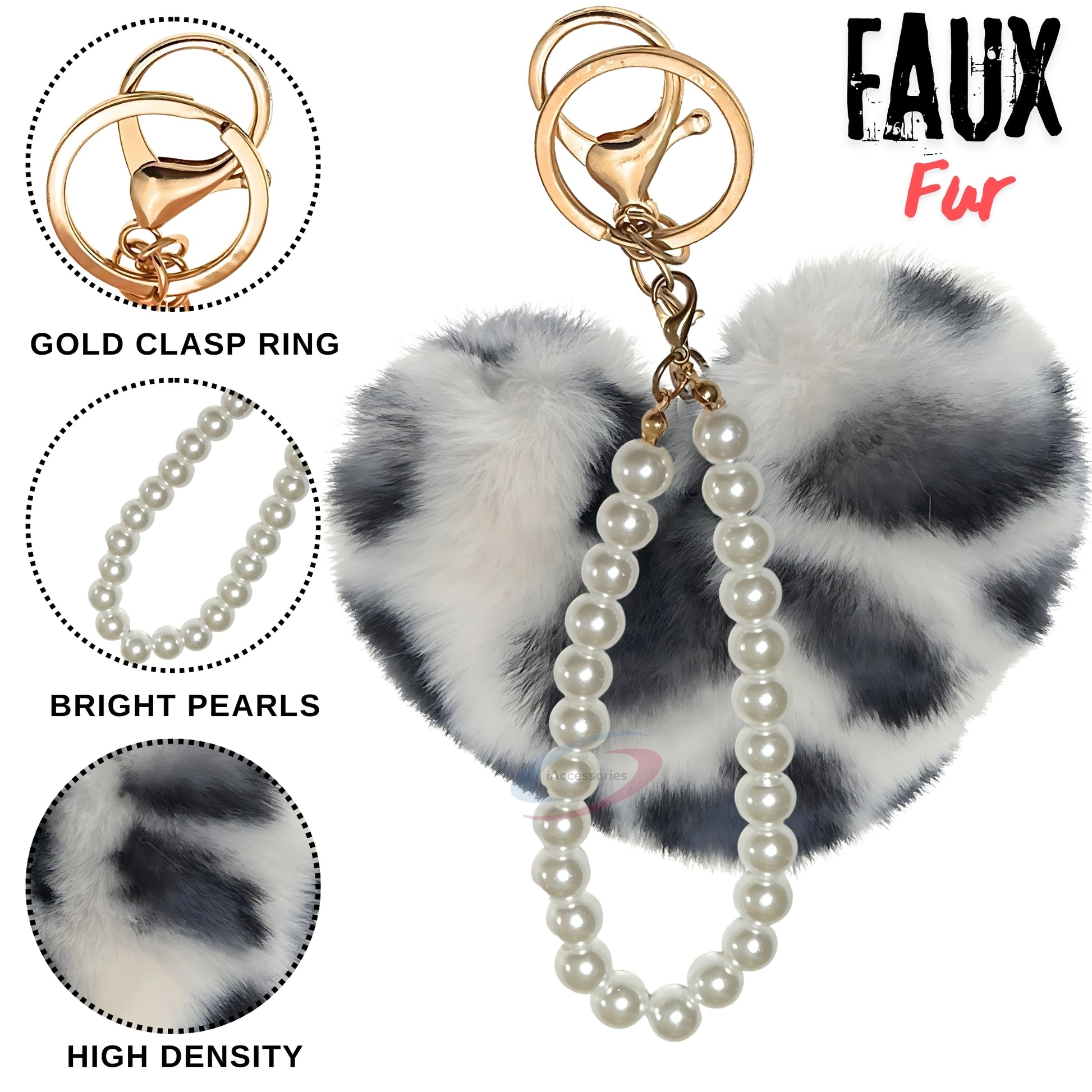 iAccessories Fluffy Faux Fur Soft Pompom Heart Keychain Charm with Pearls - White Black Lepo - iAccessories