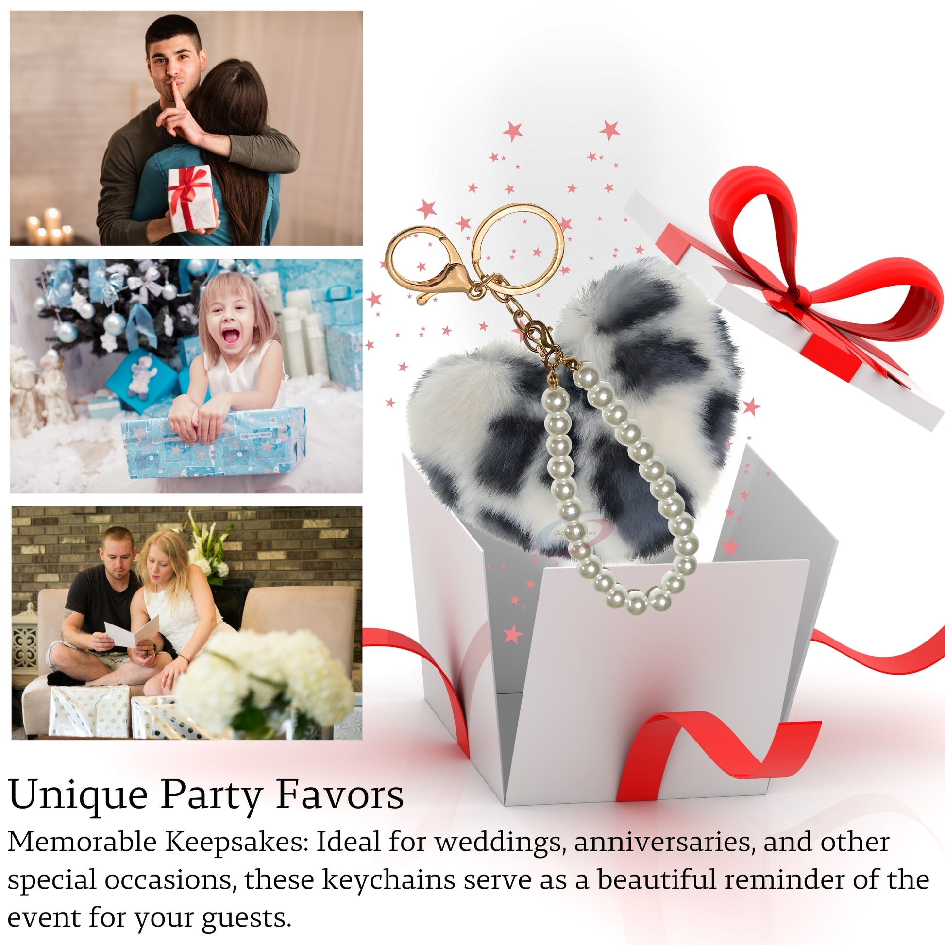 iAccessories Fluffy Faux Fur Soft Pompom Heart Keychain Charm with Pearls - White Black Lepo - iAccessories