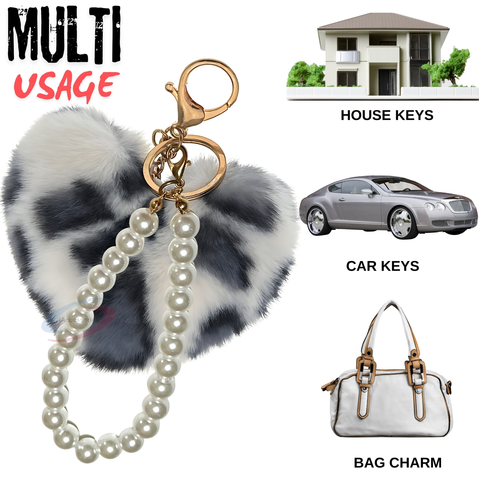 iAccessories Fluffy Faux Fur Soft Pompom Heart Keychain Charm with Pearls - White Black Lepo - iAccessories