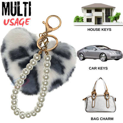 iAccessories Fluffy Faux Fur Soft Pompom Heart Keychain Charm with Pearls - White Black Lepo - iAccessories