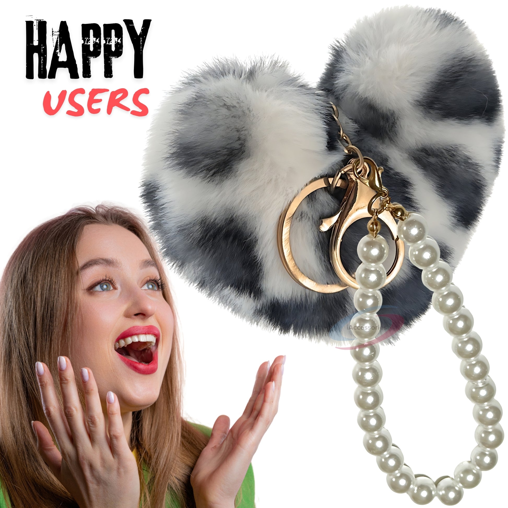 iAccessories Fluffy Faux Fur Soft Pompom Heart Keychain Charm with Pearls - White Black Lepo - iAccessories