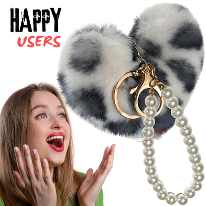 iAccessories Fluffy Faux Fur Soft Pompom Heart Keychain Charm with Pearls - White Black Lepo - iAccessories