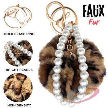 iAccessories Faux Fur Pompom with Pearls Keychain Charm - Brown Lepo for Girls' Bags, Cars, Scooty, Bike, Home Keys - iAccessories