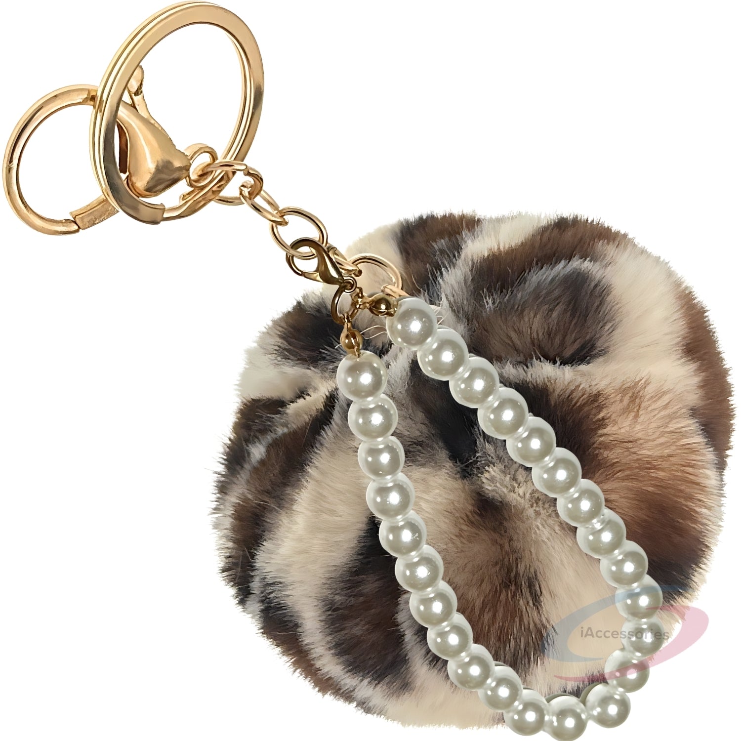 iAccessories Faux Fur Pompom with Pearls Keychain Charm - Cream Lepo for Girls Bags, Cars, Scooty, Bike, Home Keys - iAccessories