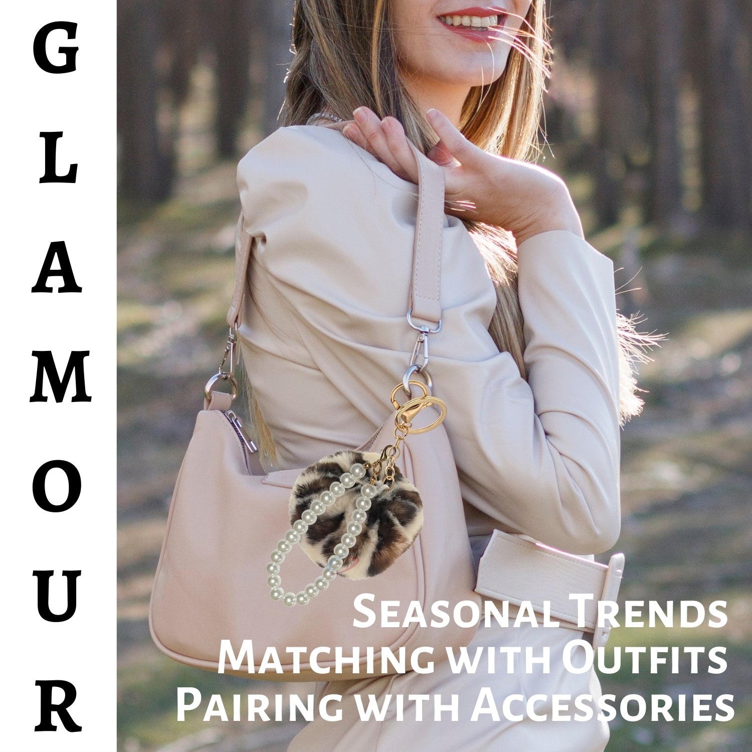 iAccessories Faux Fur Pompom with Pearls Keychain Charm - Cream Lepo for Girls Bags, Cars, Scooty, Bike, Home Keys - iAccessories