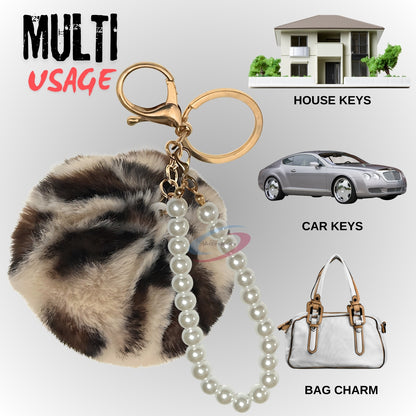 iAccessories Faux Fur Pompom with Pearls Keychain Charm - Cream Lepo for Girls Bags, Cars, Scooty, Bike, Home Keys - iAccessories