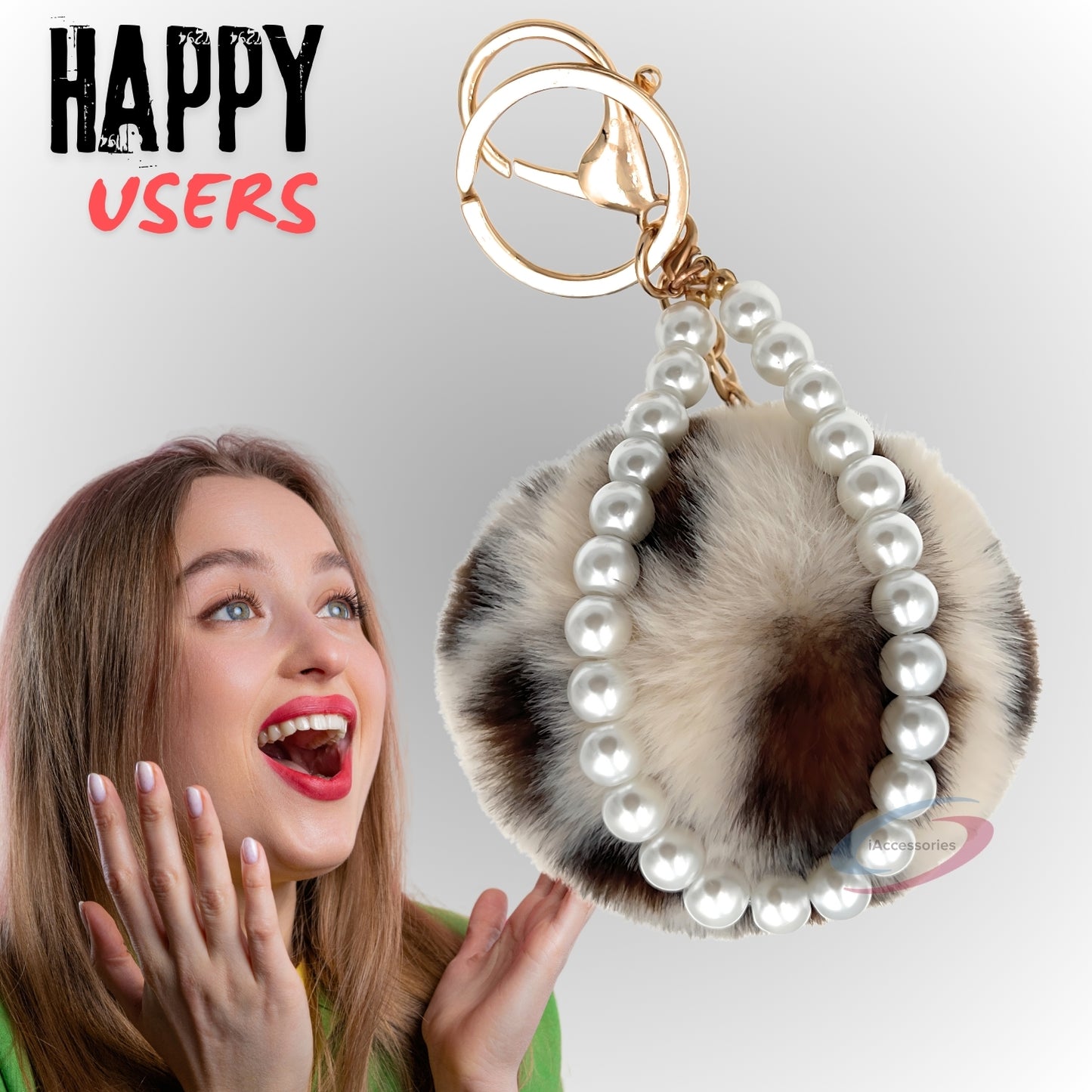 iAccessories Faux Fur Pompom with Pearls Keychain Charm - Cream Lepo for Girls Bags, Cars, Scooty, Bike, Home Keys - iAccessories