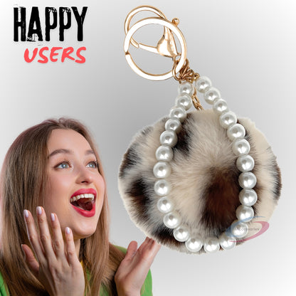iAccessories Faux Fur Pompom with Pearls Keychain Charm - Cream Lepo for Girls Bags, Cars, Scooty, Bike, Home Keys - iAccessories
