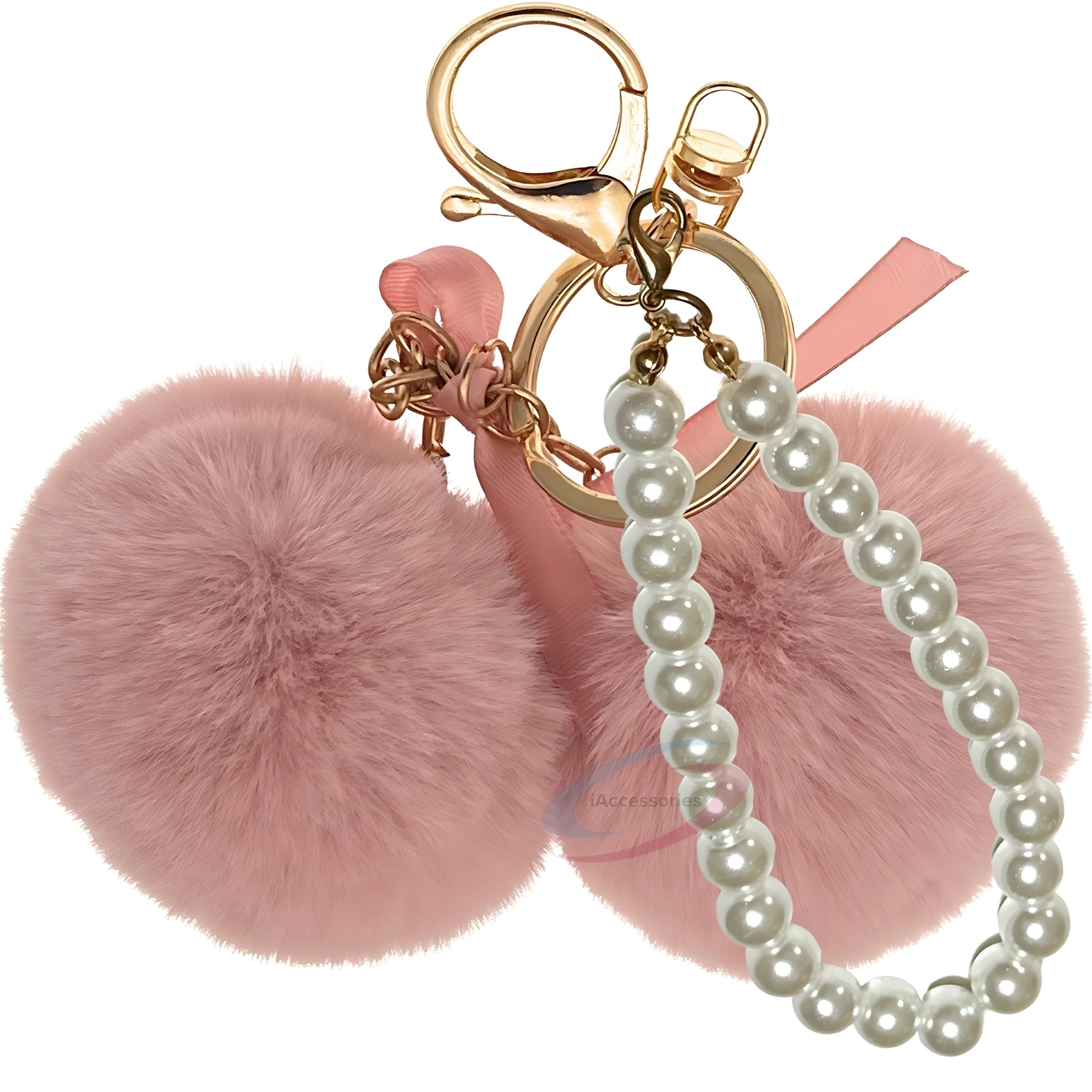 iAccessories Faux Fur Twin Pompom Balls Keychain with Pearl Pendant Charm for Girls Bags, Car, Scooty, Bike, Home Keys - Baby Pink - iAccessories