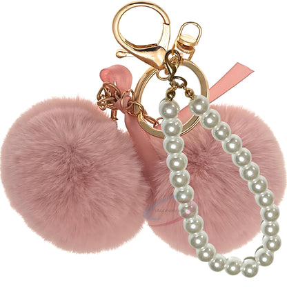 iAccessories Faux Fur Twin Pompom Balls Keychain with Pearl Pendant Charm for Girls Bags, Car, Scooty, Bike, Home Keys - Baby Pink - iAccessories