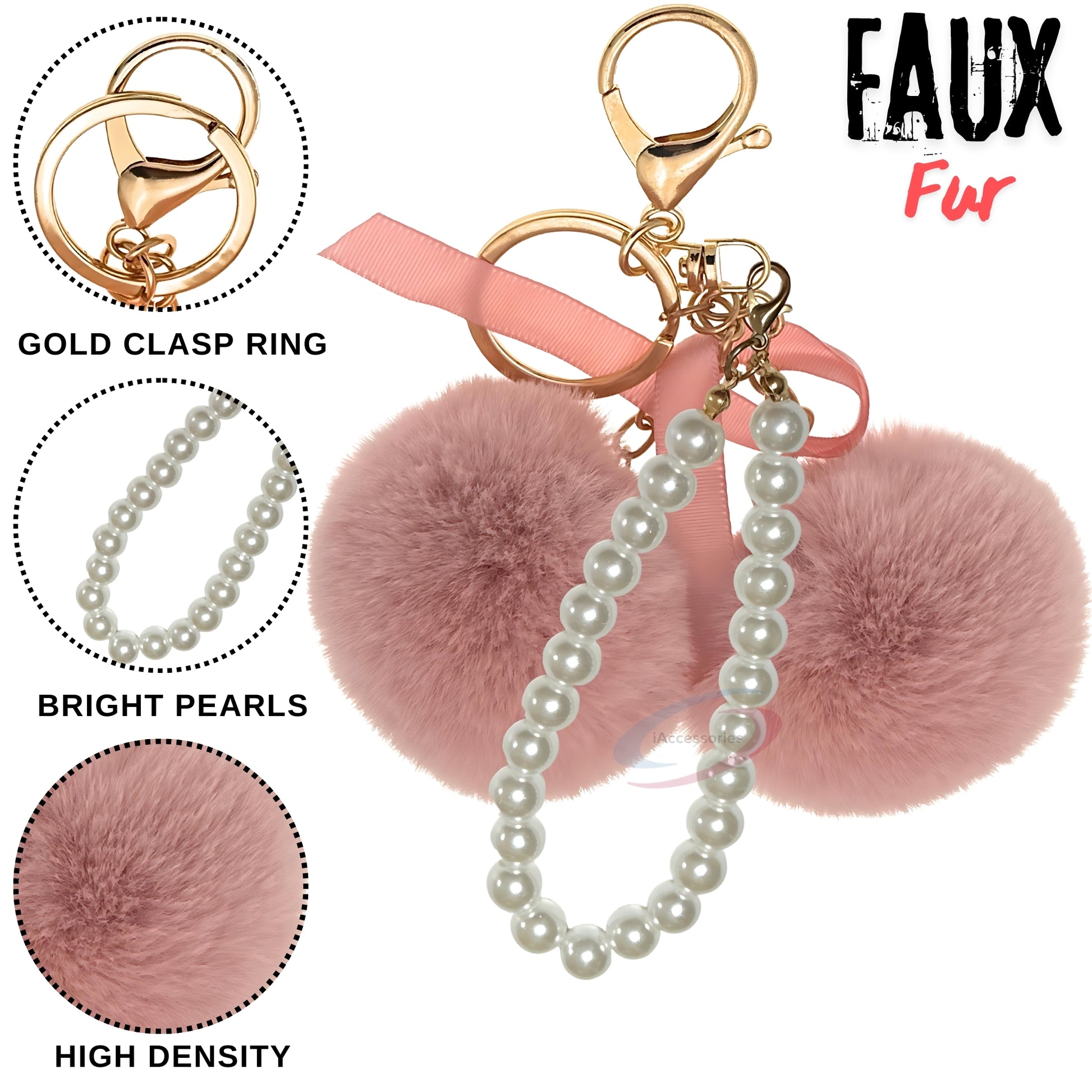 iAccessories Faux Fur Twin Pompom Balls Keychain with Pearl Pendant Charm for Girls Bags, Car, Scooty, Bike, Home Keys - Baby Pink - iAccessories