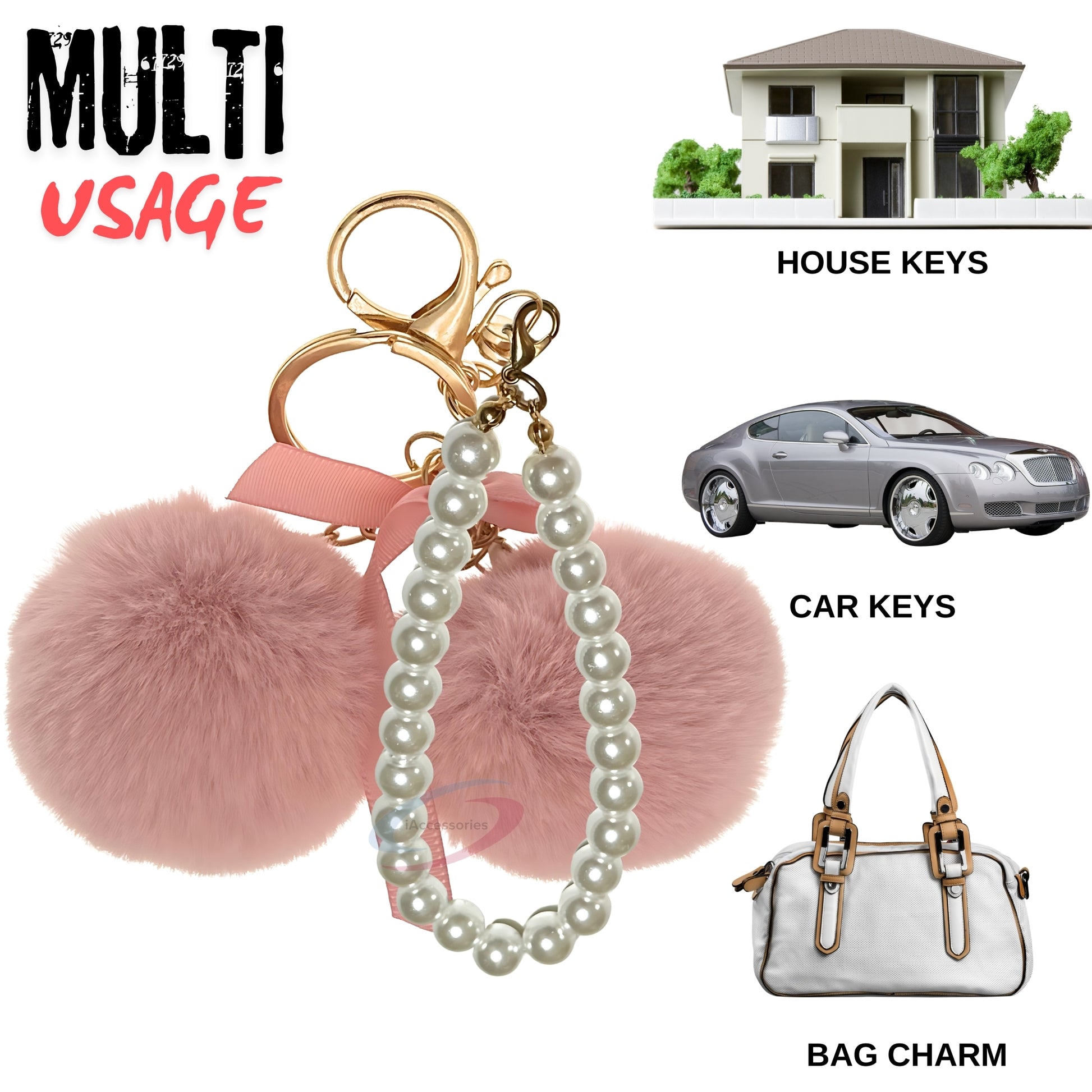 iAccessories Faux Fur Twin Pompom Balls Keychain with Pearl Pendant Charm for Girls Bags, Car, Scooty, Bike, Home Keys - Baby Pink - iAccessories