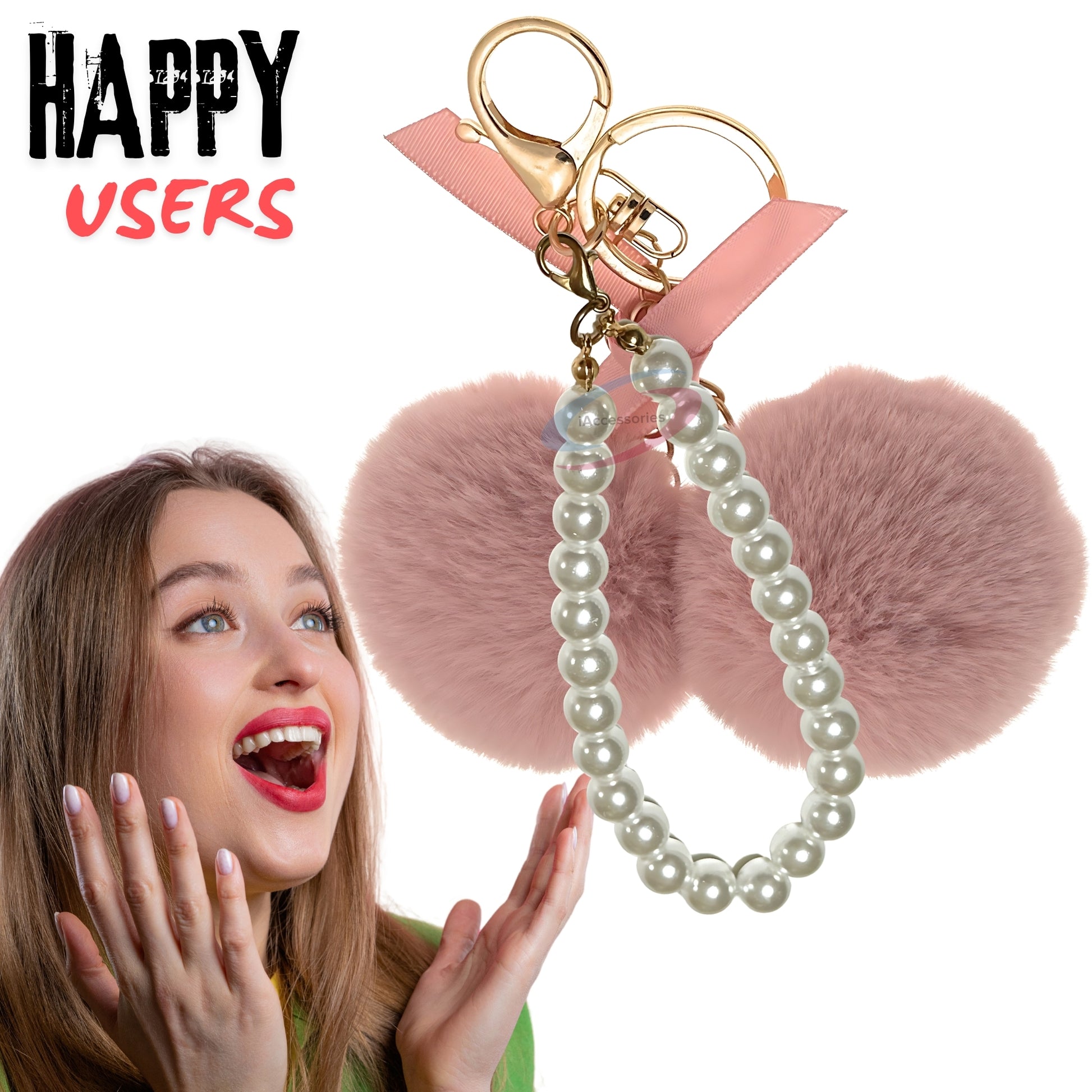 iAccessories Faux Fur Twin Pompom Balls Keychain with Pearl Pendant Charm for Girls Bags, Car, Scooty, Bike, Home Keys - Baby Pink - iAccessories