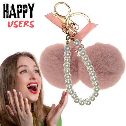 iAccessories Faux Fur Twin Pompom Balls Keychain with Pearl Pendant Charm for Girls Bags, Car, Scooty, Bike, Home Keys - Baby Pink - iAccessories