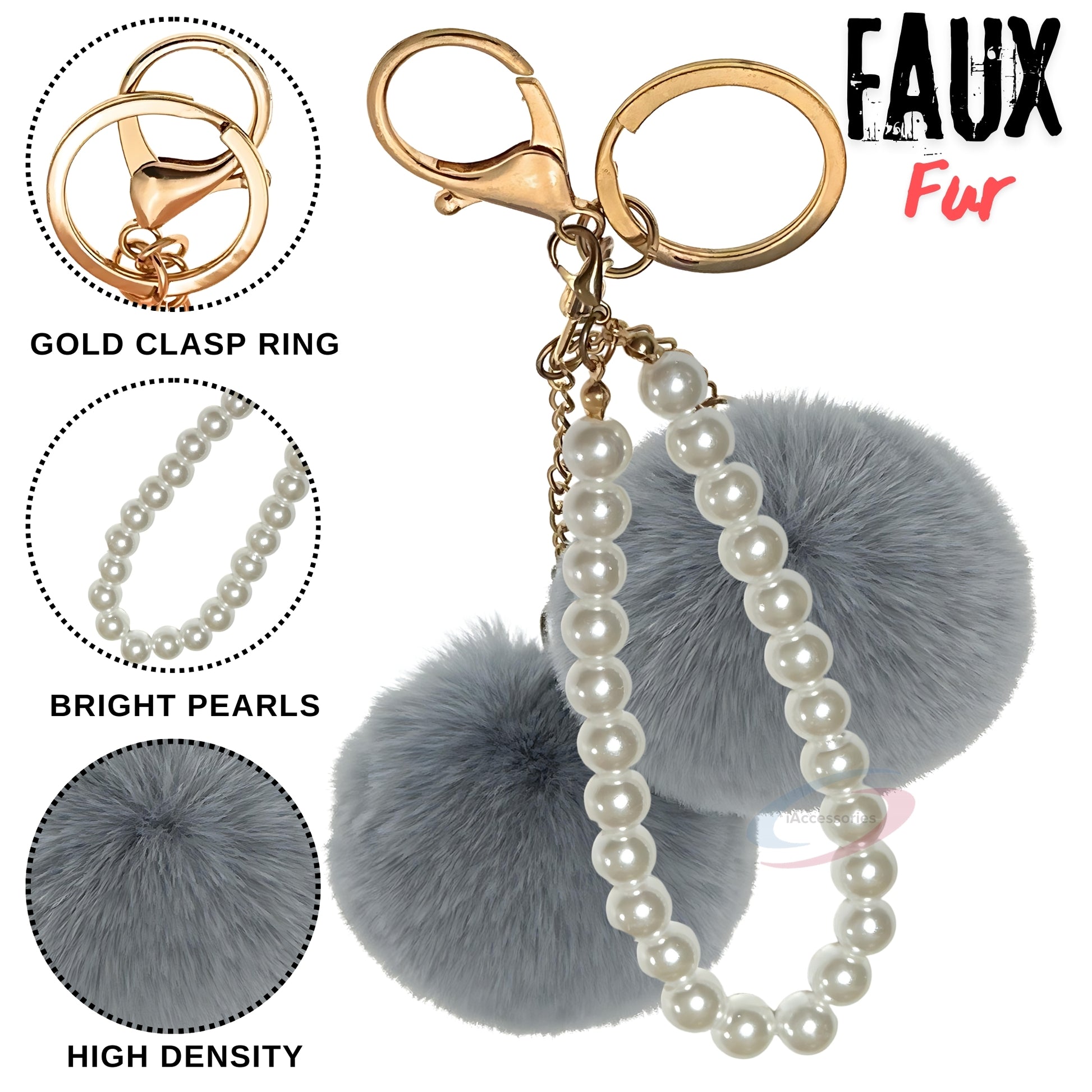 iAccessories Faux Fur Twin Pompom Balls Keychain with Pearl Pendant Charm for Girls Bags, Car, Scooty, Bike, Home Keys - Grey - iAccessories