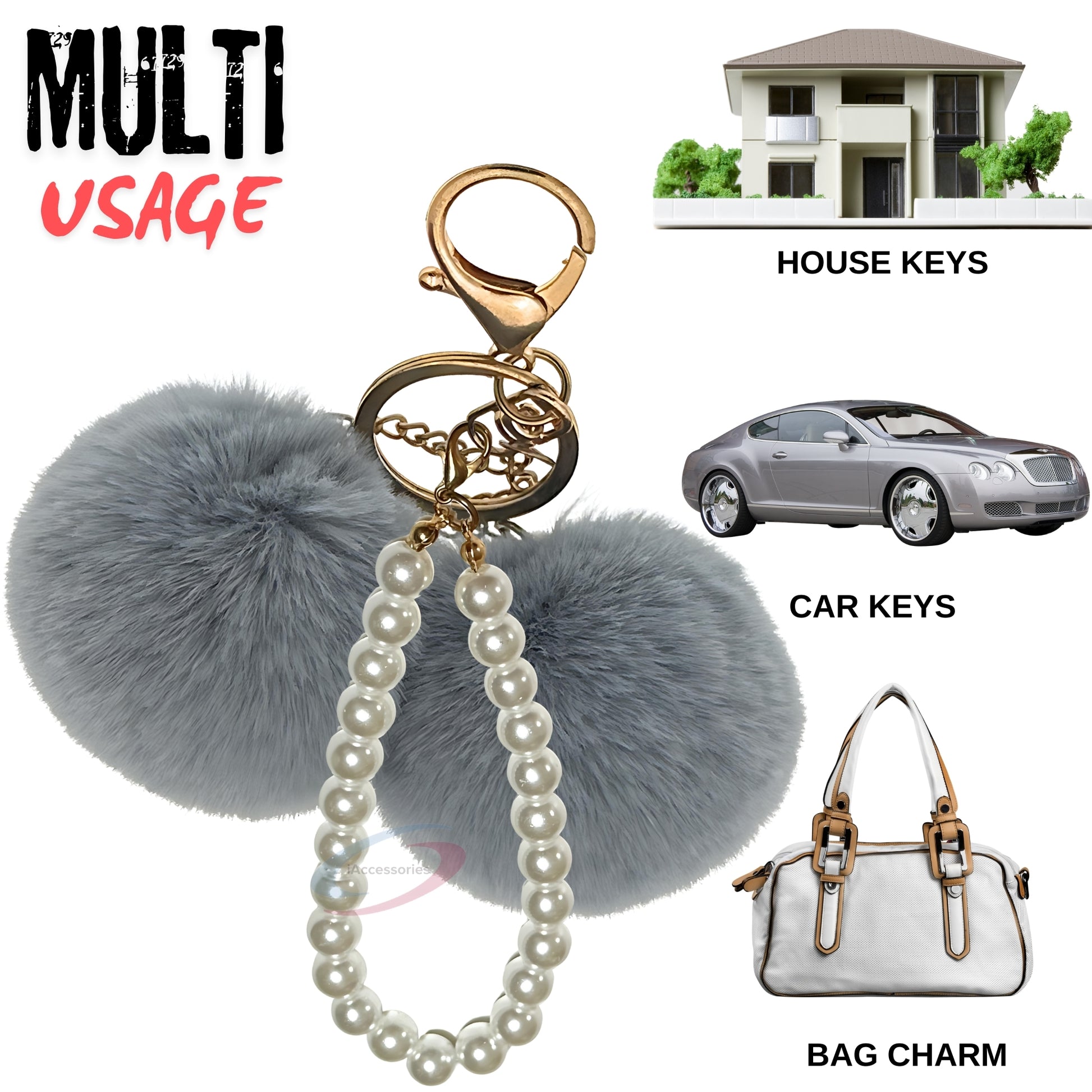 iAccessories Faux Fur Twin Pompom Balls Keychain with Pearl Pendant Charm for Girls Bags, Car, Scooty, Bike, Home Keys - Grey - iAccessories