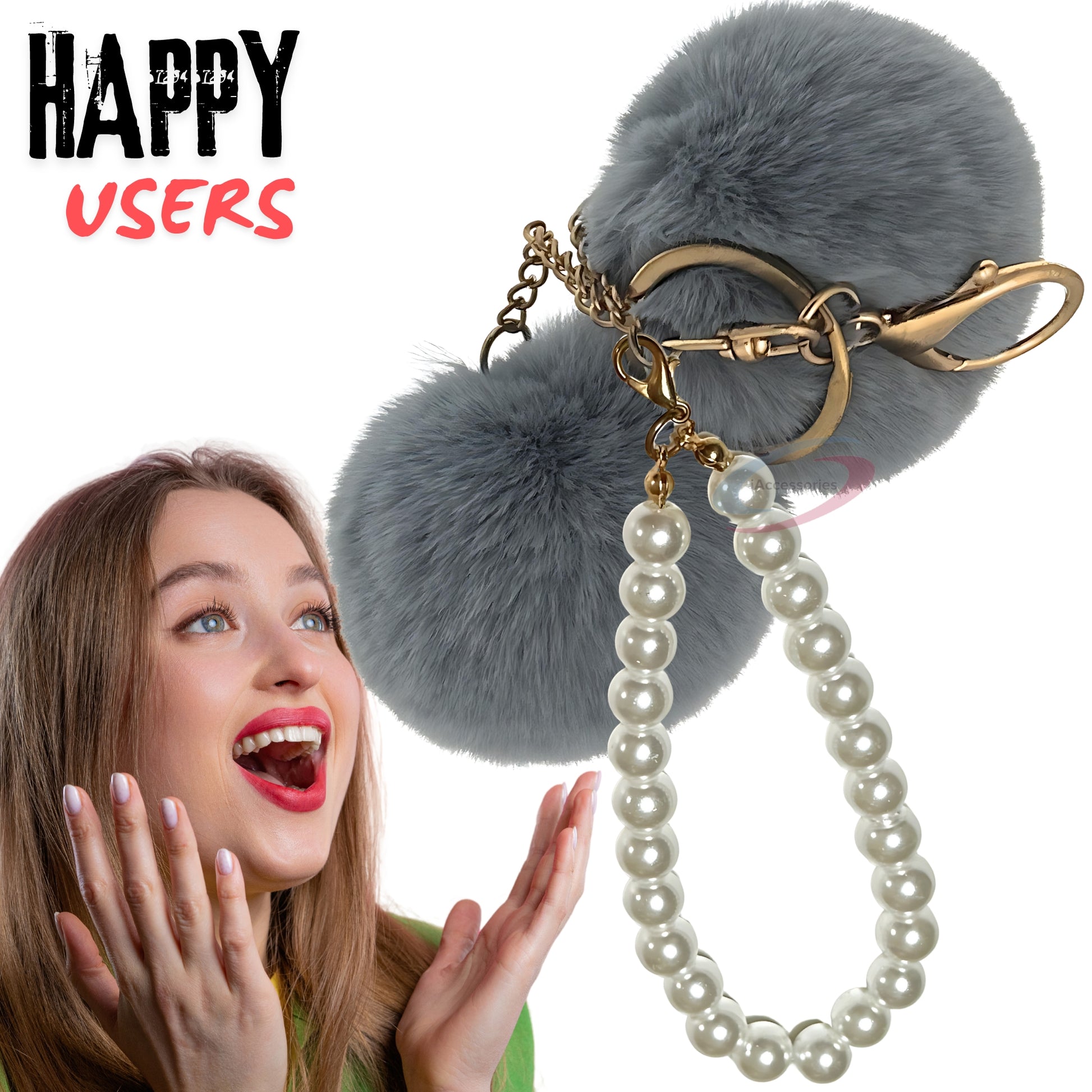 iAccessories Faux Fur Twin Pompom Balls Keychain with Pearl Pendant Charm for Girls Bags, Car, Scooty, Bike, Home Keys - Grey - iAccessories
