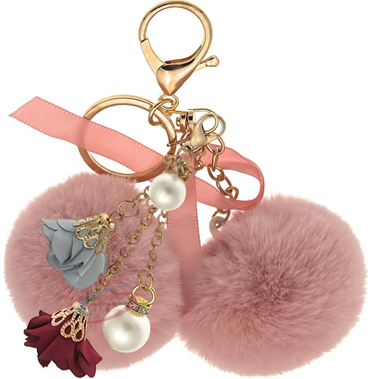 iAccessories Faux Fur Twin Pompom Balls Keychain with Rose Pearl Pendant Charm for Girls Bags, Car, Scooty, Bike, Home Keys - Baby Pink