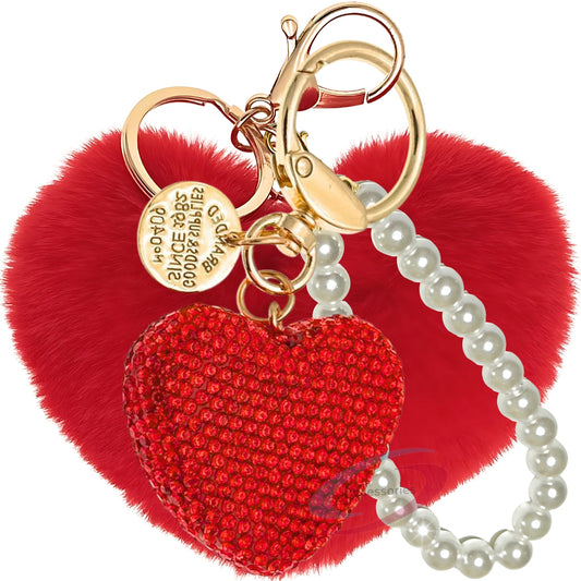 iAccessories Red Faux Fur Heart Keychain with Rhinestones - Elegant Romantic Gift - iAccessories
