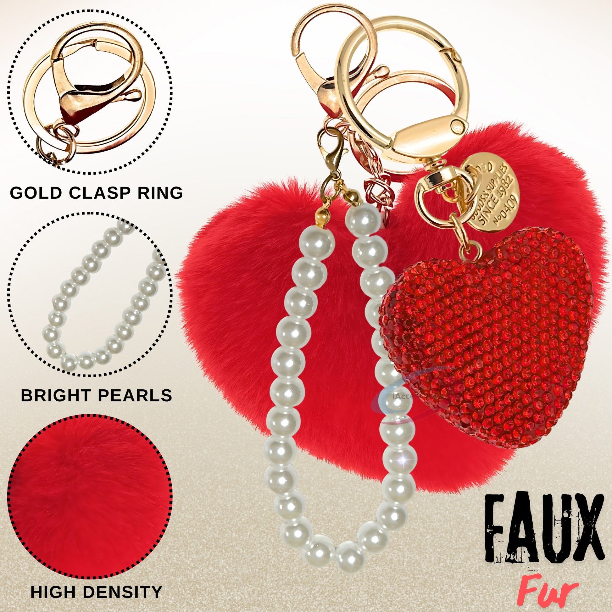 iAccessories Red Faux Fur Heart Keychain with Rhinestones - Elegant Romantic Gift - iAccessories
