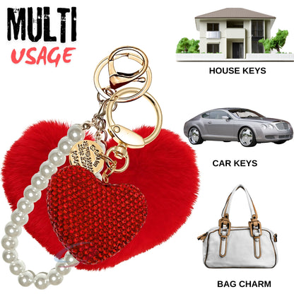 iAccessories Red Faux Fur Heart Keychain with Rhinestones - Elegant Romantic Gift - iAccessories
