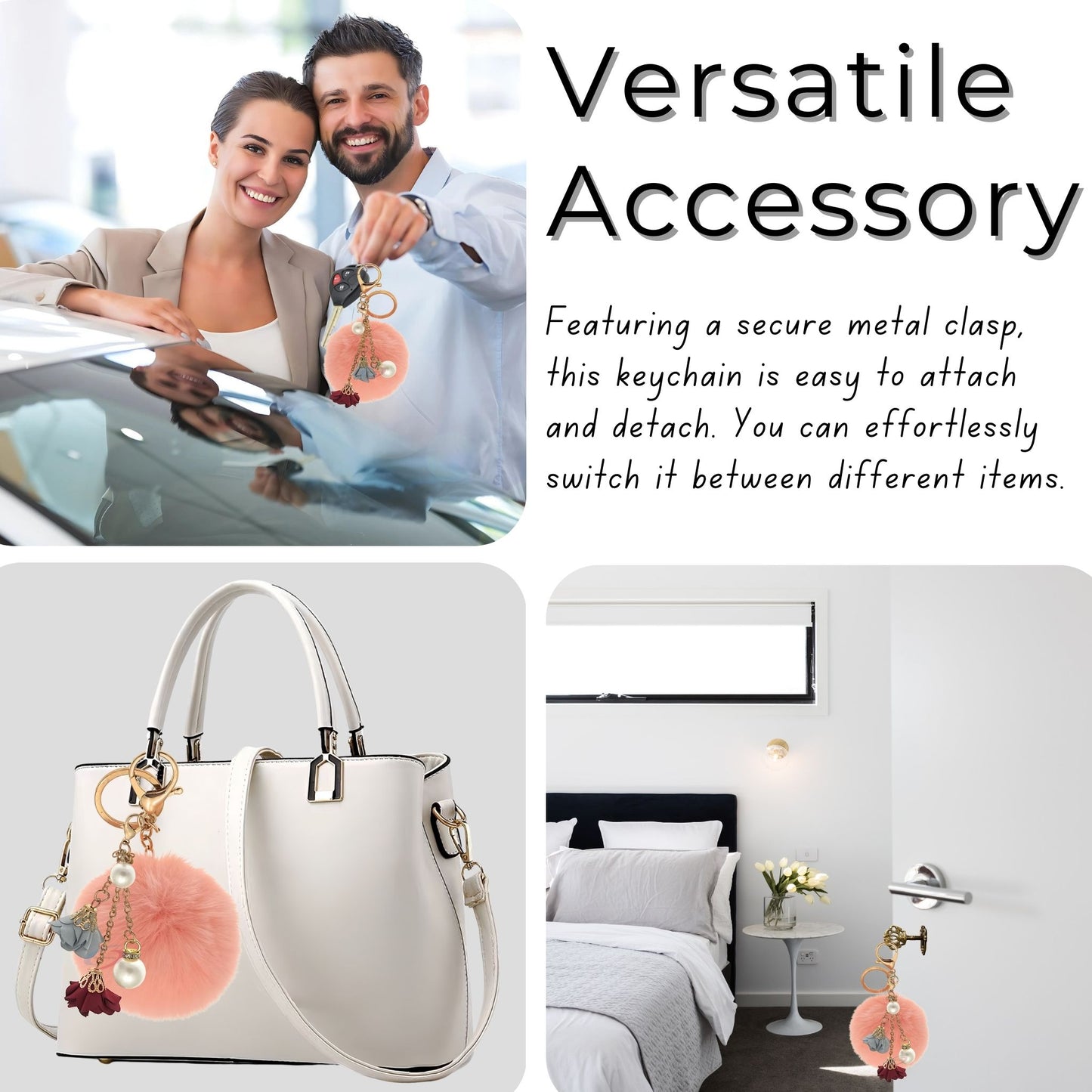 iAccessories Rose Pearl Pom Pom Keychain - Baby Pink - iAccessories