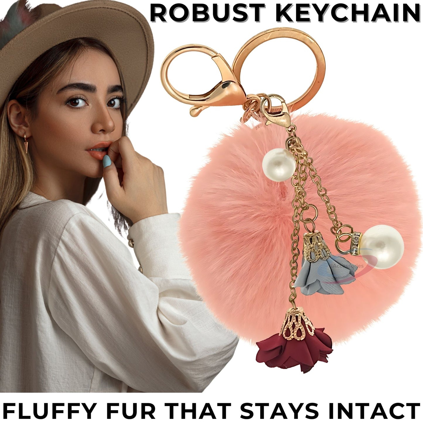 iAccessories Rose Pearl Pom Pom Keychain - Baby Pink - iAccessories
