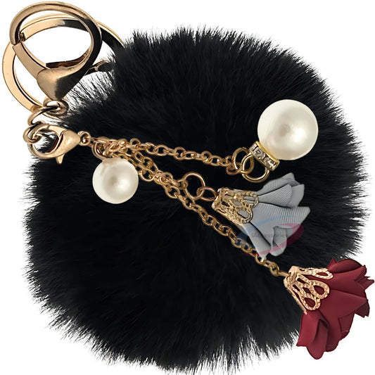 iAccessories Rose Pearl Pom Pom Keychain - Black