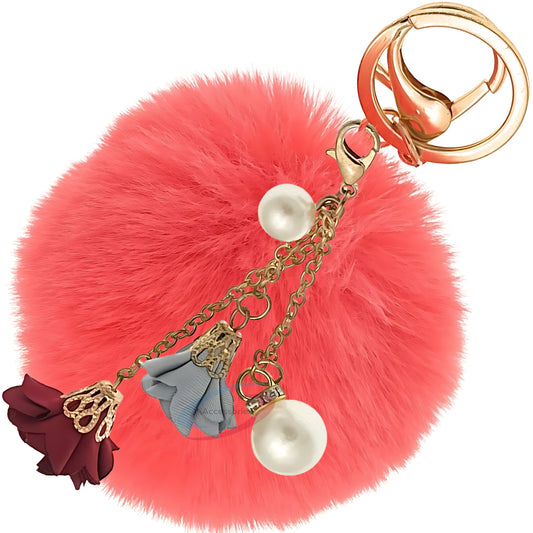 iAccessories Rose Pearl Pom Pom Keychain - Coral - iAccessories