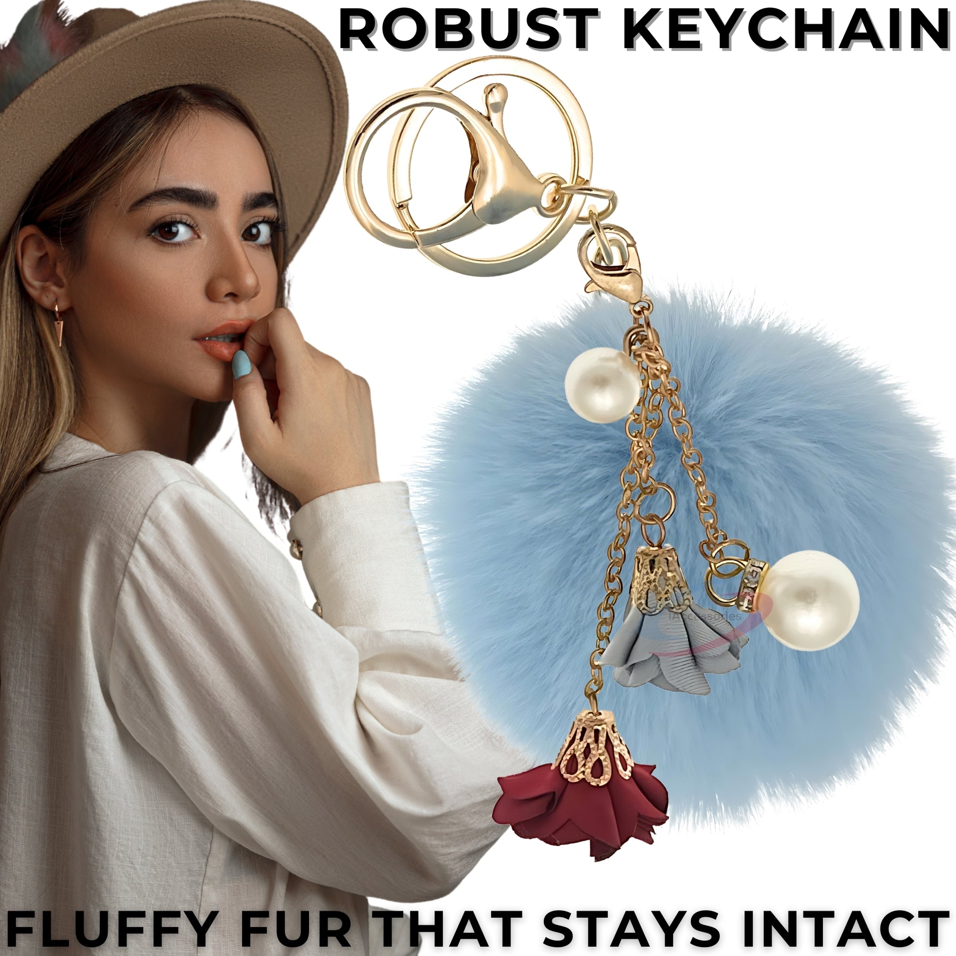 iAccessories Rose Pearl Pom Pom Keychain - Light Blue - iAccessories