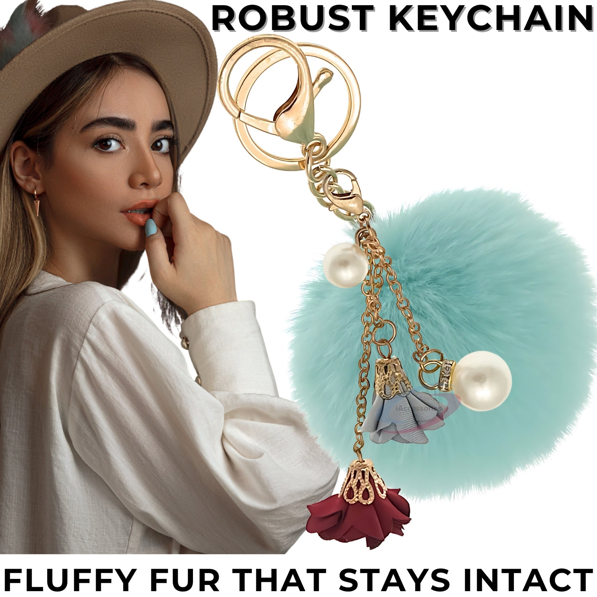 iAccessories Rose Pearl Pom Pom Keychain - Mint Green - iAccessories