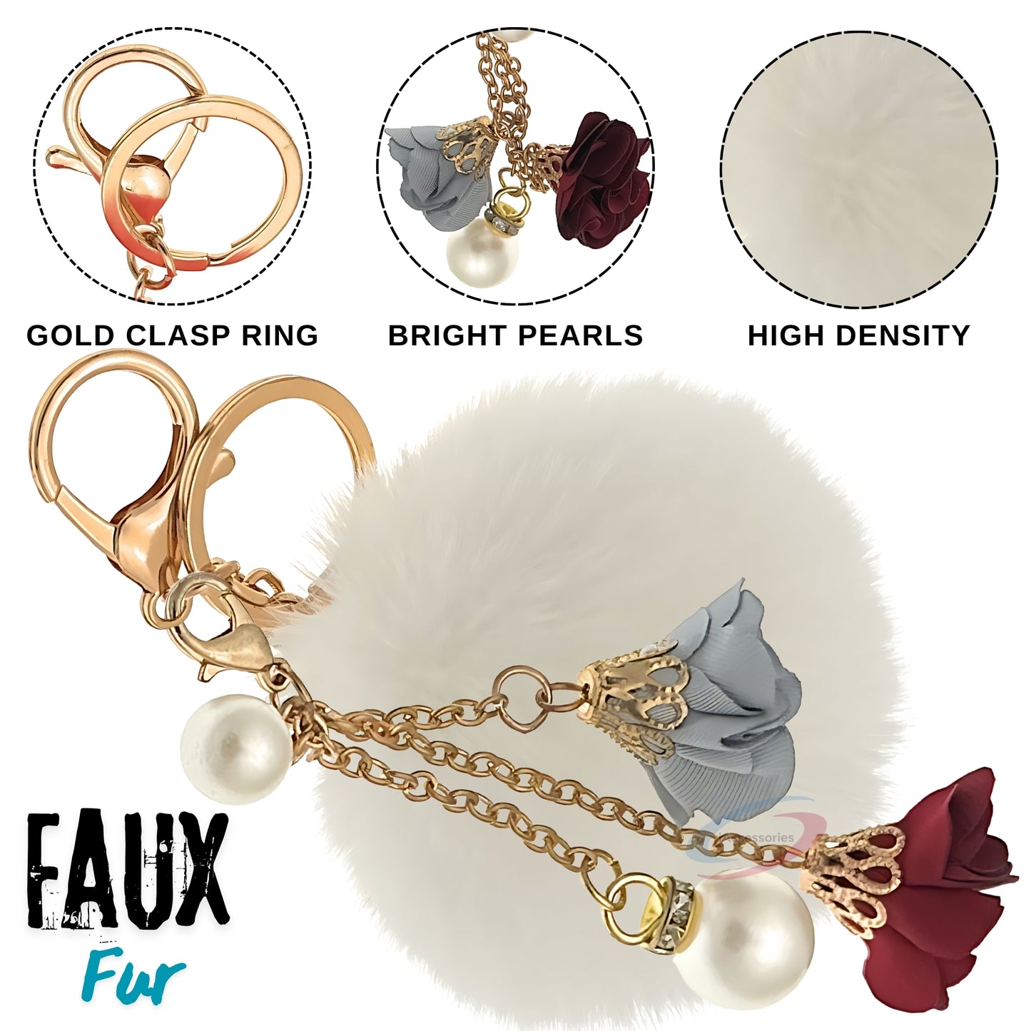 iAccessories Rose Pearl Pom Pom Keychain - White - iAccessories