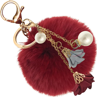 iAccessories Rose Pearl Pom Pom Keychain - Wine Red - iAccessories