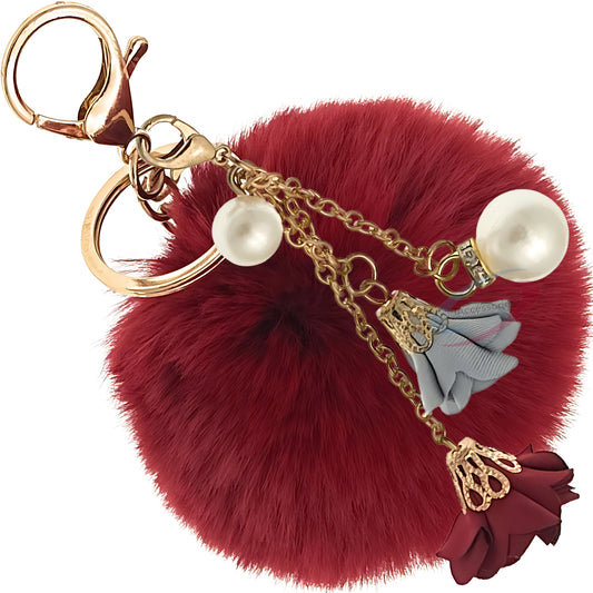 iAccessories Rose Pearl Pom Pom Keychain - Wine Red - iAccessories
